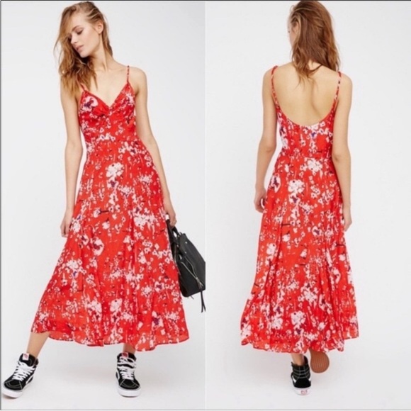 Dresses & Skirts - Lily and Lionel & Free PeopleGodet Slip Dress Floral Red Maxi